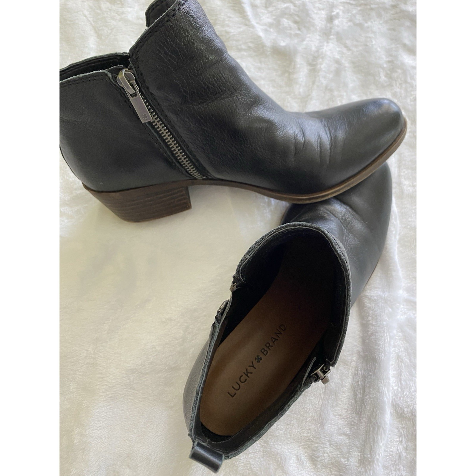 Lucky Brand Basel Boots Womens 8.5m Black Leather Double Side Zip Ankle Booties